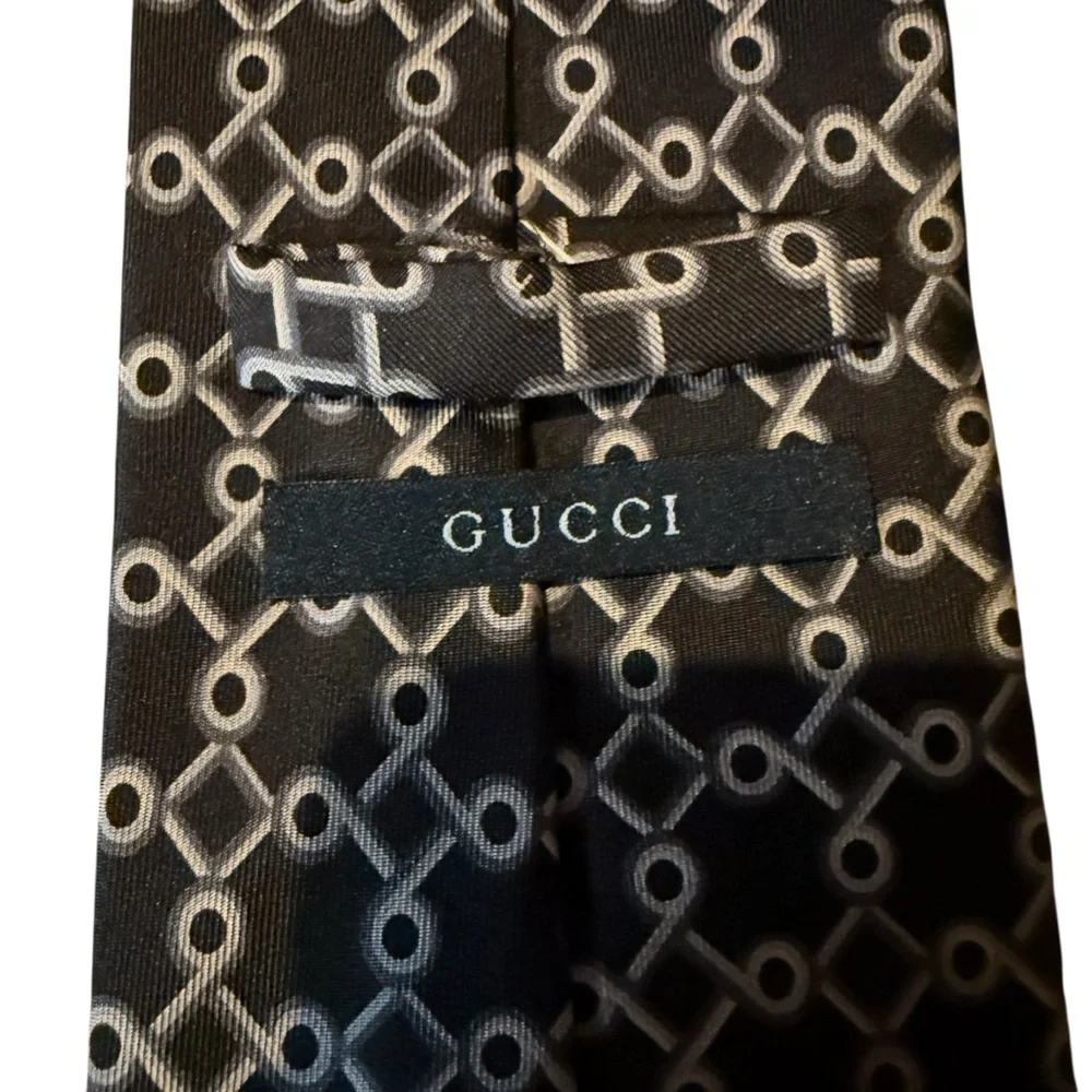 GUCCI Printed Silk Tie Gray‎ White Made In Italy Men’s Accessory